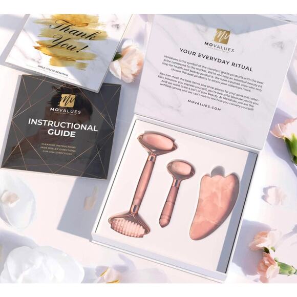 2 Brazilian Rose Quartz Crystal High Quality Facial Rollers Massagers + Gua Sha - Picture 8 of 10